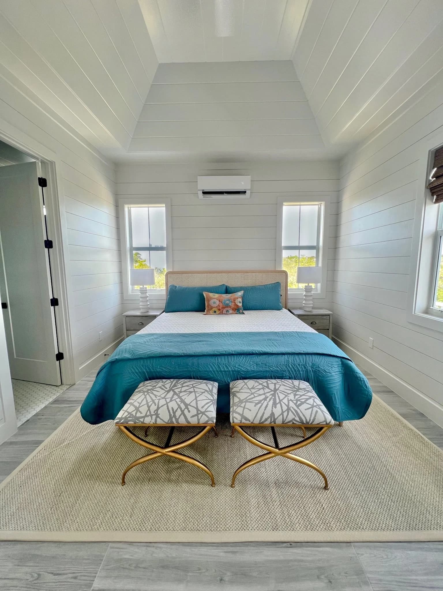 Elbow Cay bedroom and bathroom — luxury custom home in Bahamas