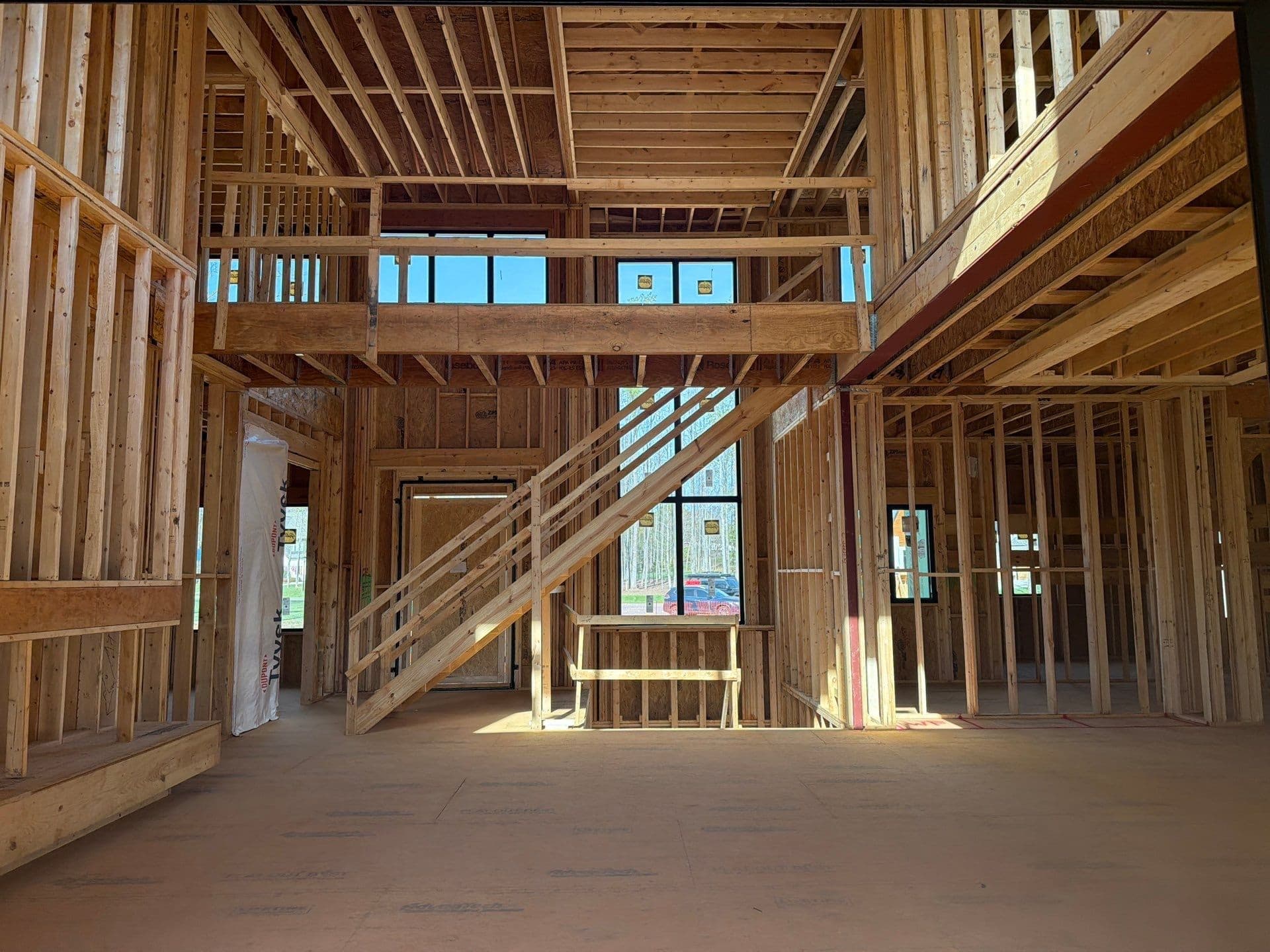 1107 Vision Path temporary staircase, upper walkway and open interior framing, Concord NC