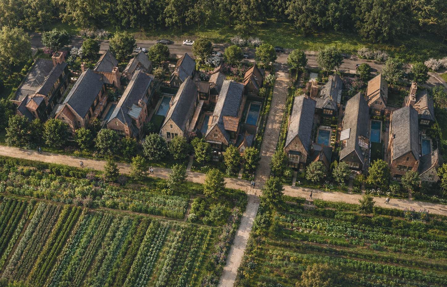 Bird's-eye rendering of The Preserve at Summit Farms — two rows of homes with courtyard pools beside the working farm's planted rows