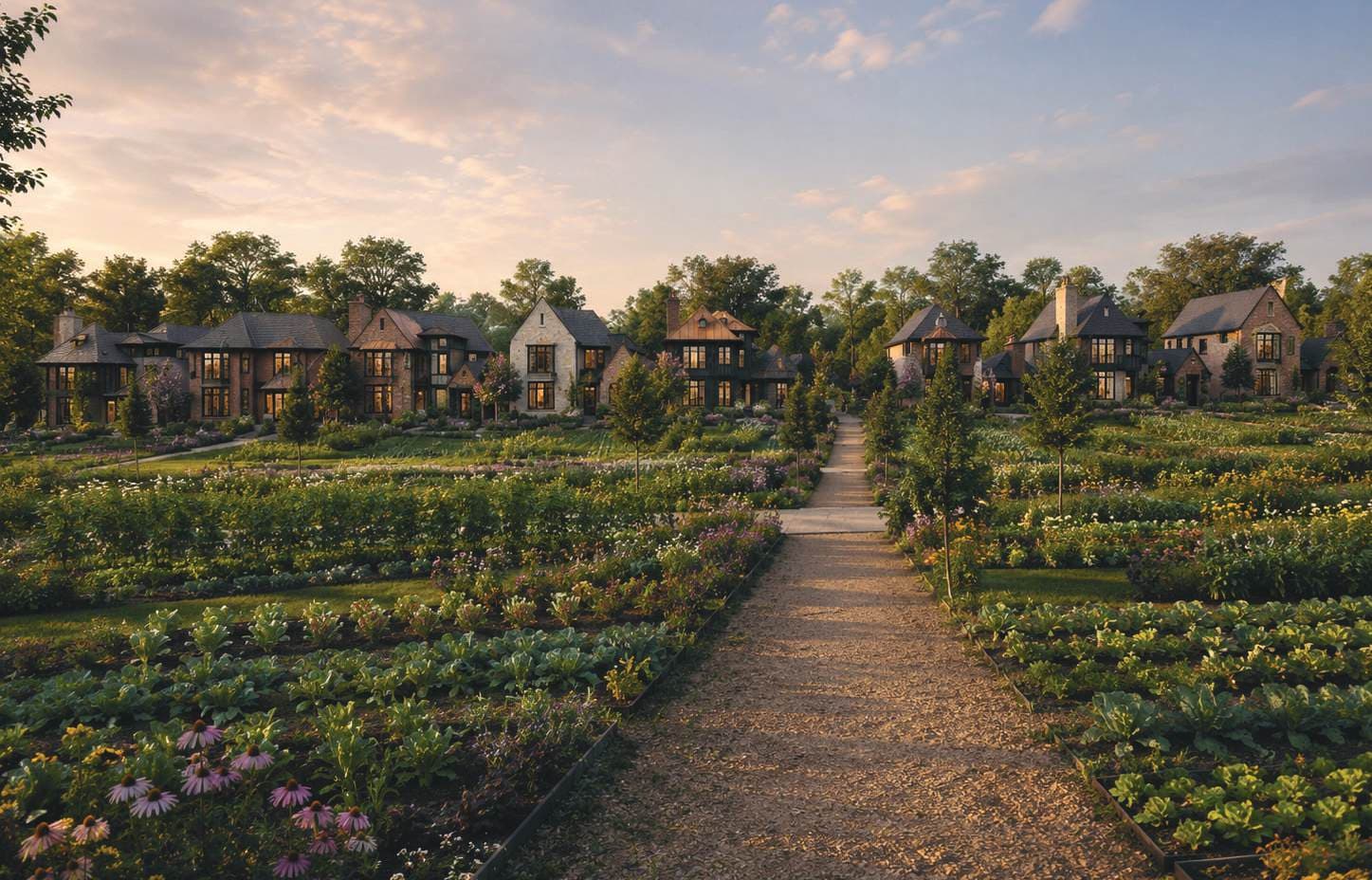 Rendering of the working farm at Summit Farms — planted rows and flowers with the homes of The Preserve beyond