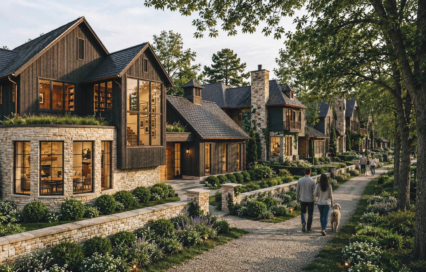 Rendering of the garden walk at The Preserve — an evening path between front porches and the community gardens