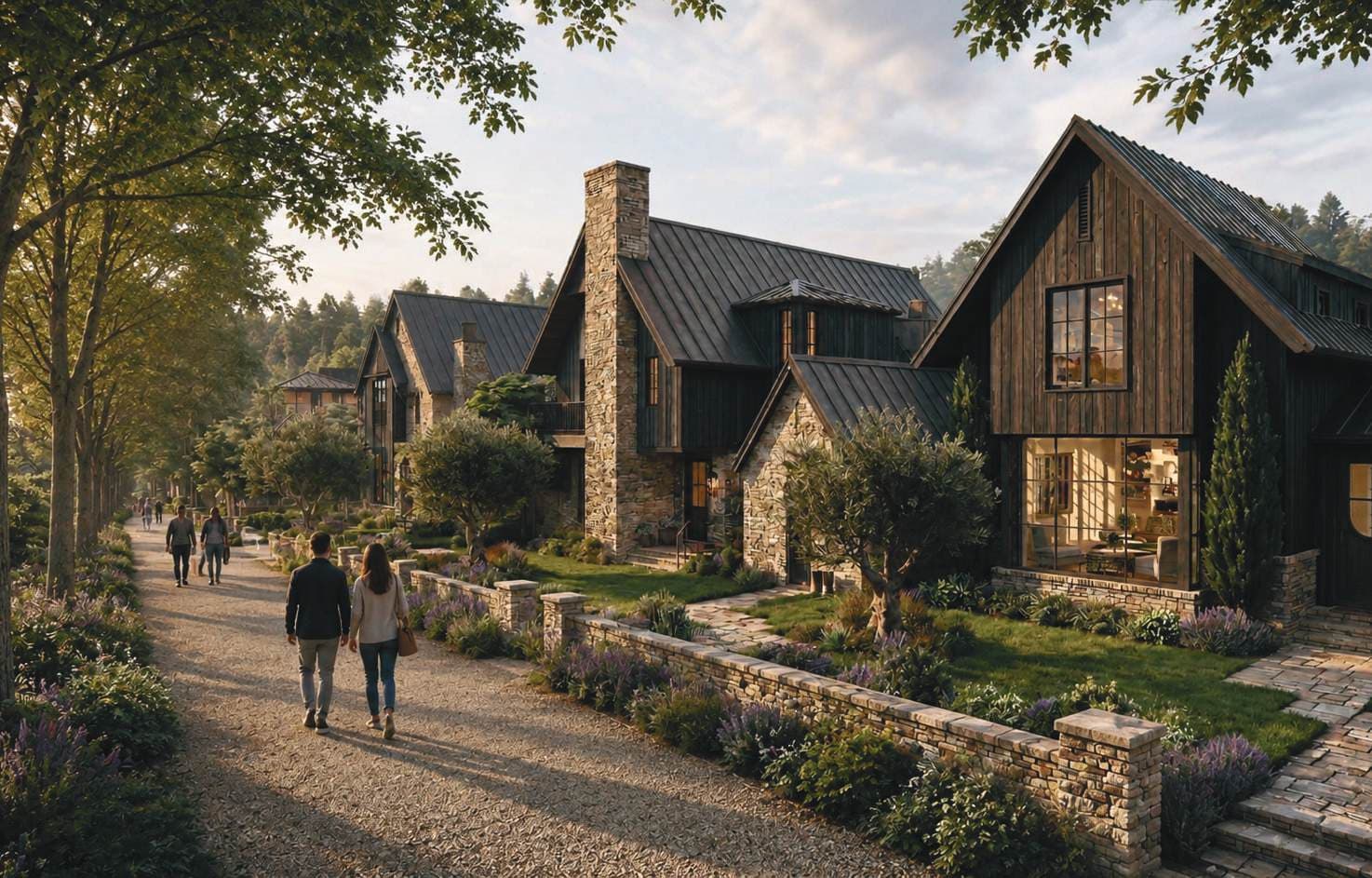 Rendering of homes along the garden walk at The Preserve at Summit Farms at dusk