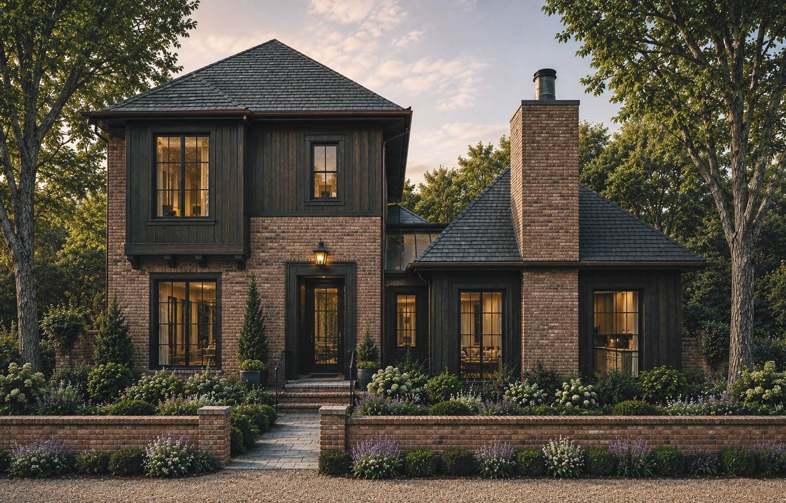 Dusk rendering of The Briarwood at The Preserve at Summit Farms — dark siding over a stone base with a centered chimney, lit at evening