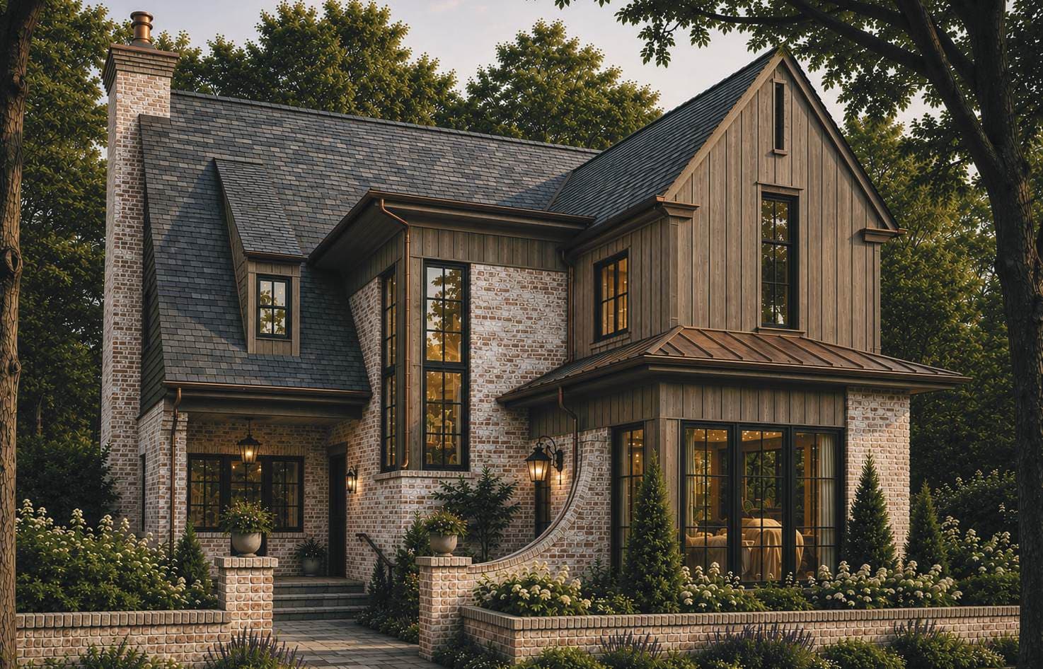 Dusk rendering of The Canyon Bluff at The Preserve at Summit Farms — a broad farmhouse massing in dark siding and stone at evening