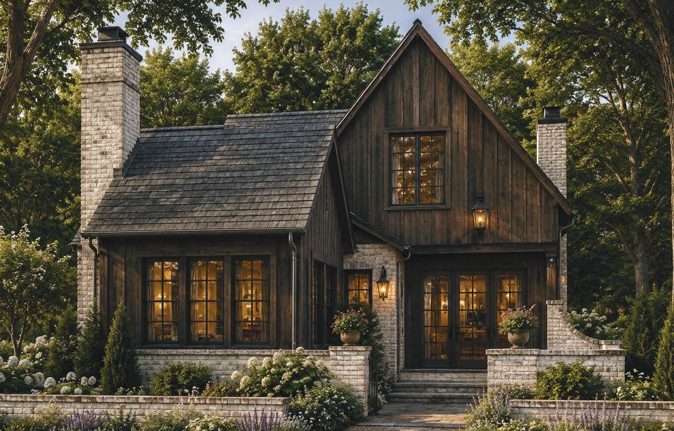 Dusk rendering of The Foxmere at The Preserve at Summit Farms — a compact farmhouse composition, windows glowing beneath mature trees