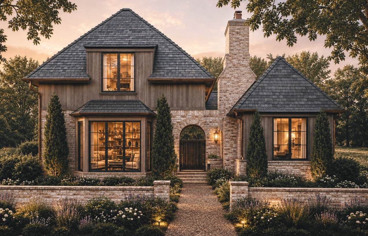 Dusk rendering of The Ironwood at The Preserve at Summit Farms — board-and-batten gables over stone, glowing at evening