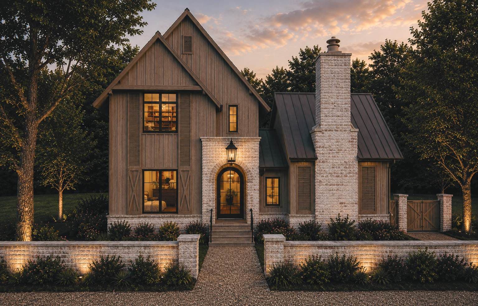 Dusk rendering of The Meadow Mere at The Preserve at Summit Farms — a gabled farmhouse form in natural materials behind a tree-lined walk