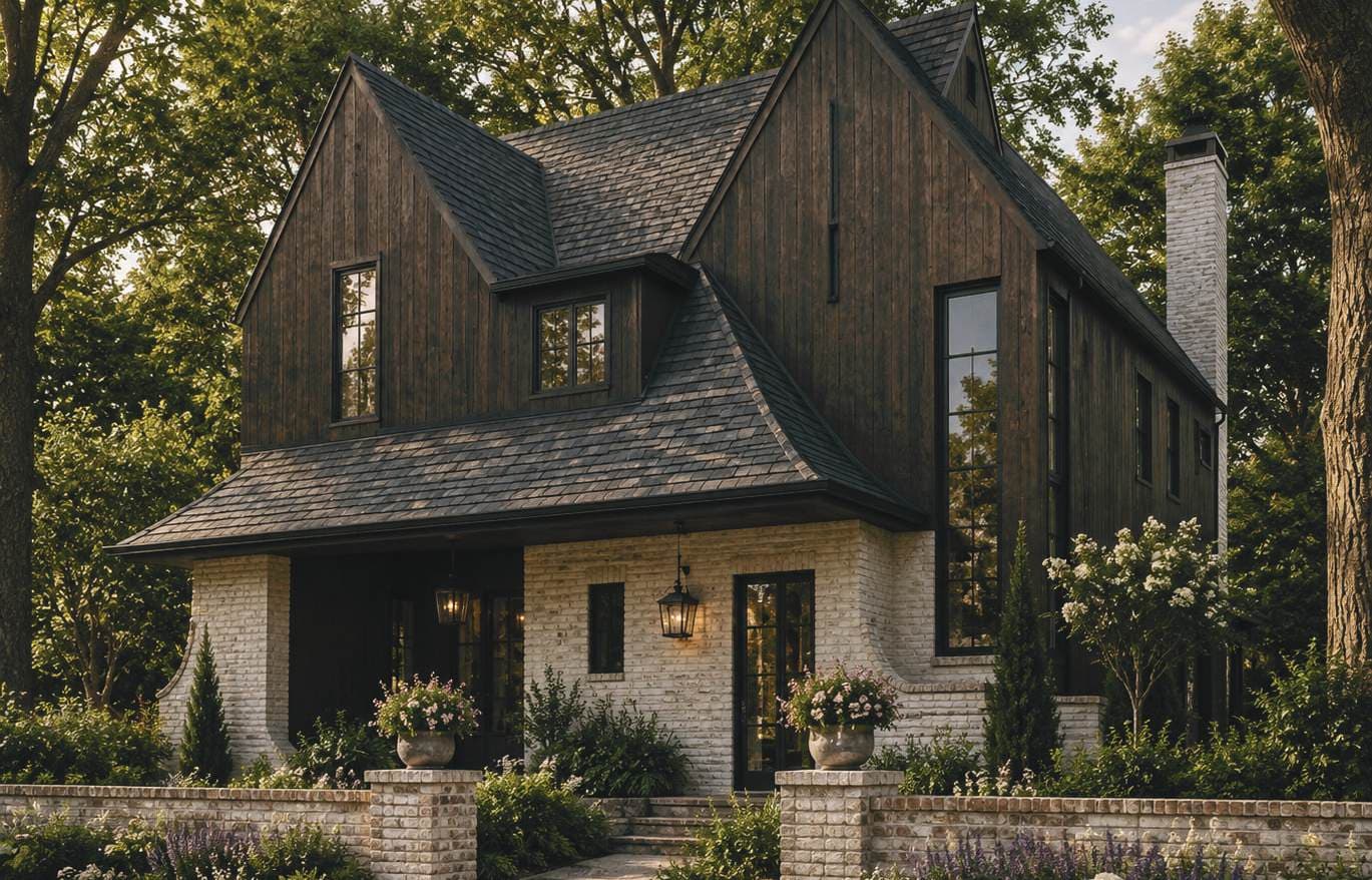 Dusk rendering of The Moonstone Meadow at The Preserve at Summit Farms — gabled forms over a stone base among young trees
