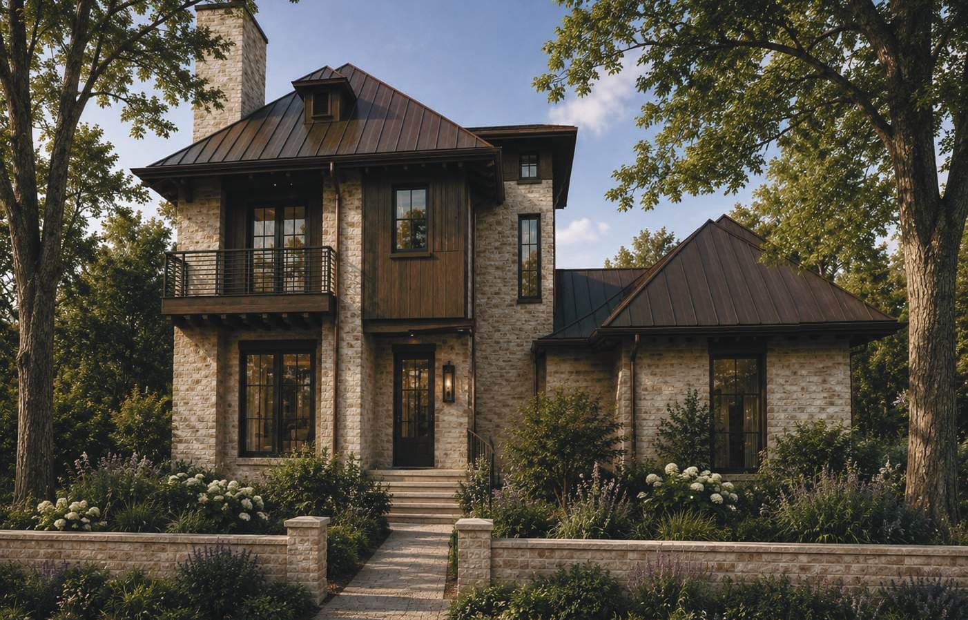 Dusk rendering of The Mythic Moon at The Preserve at Summit Farms — stone and dark-timber exterior stepping up its grade beneath mature trees