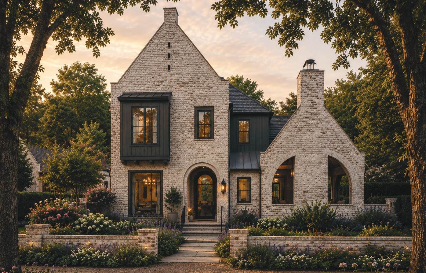 Dusk rendering of The Ponderosa at The Preserve at Summit Farms — steep gables in pale stone and dark trim at last light