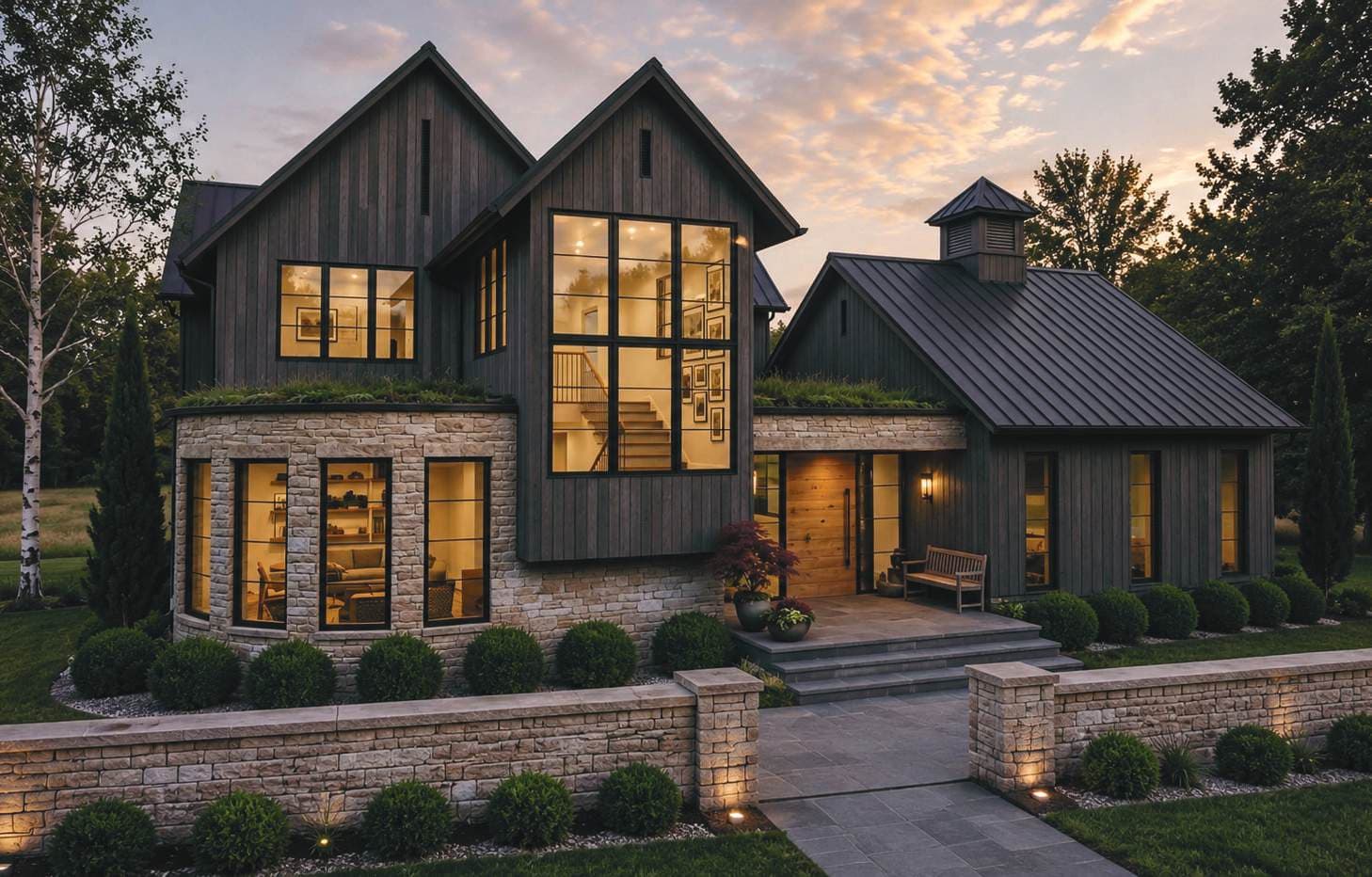 Dusk rendering of The Quail Run's alternative elevation at The Preserve at Summit Farms — the same plan behind a different farmhouse face