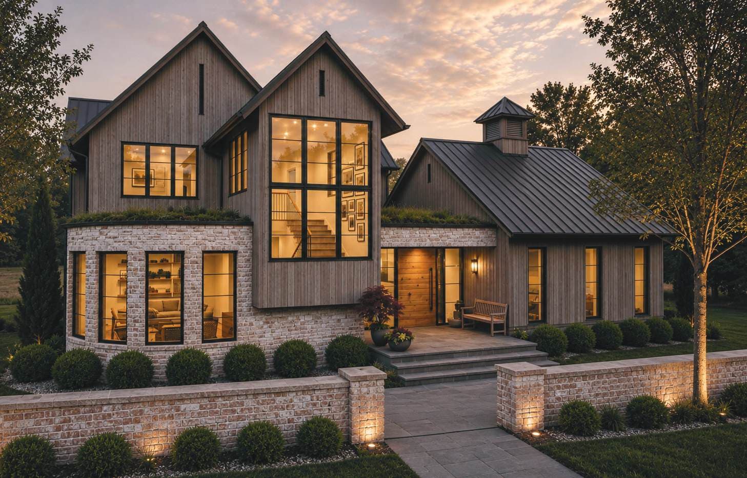 Dusk rendering of The Quail Run at The Preserve at Summit Farms — its signature elevation in dark siding and stone, tall glazing lit from within