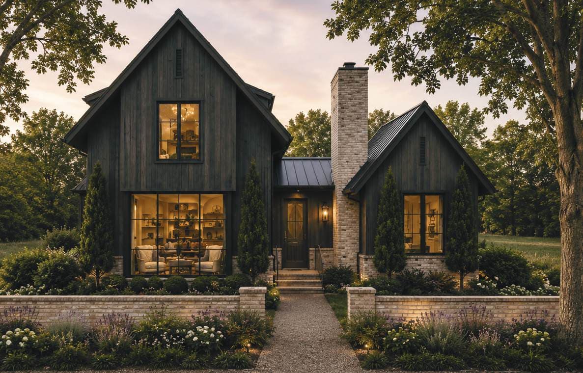 Dusk rendering of The Rambling Oak at The Preserve at Summit Farms — a low-slung farmhouse composition under oaks, windows warm at dusk