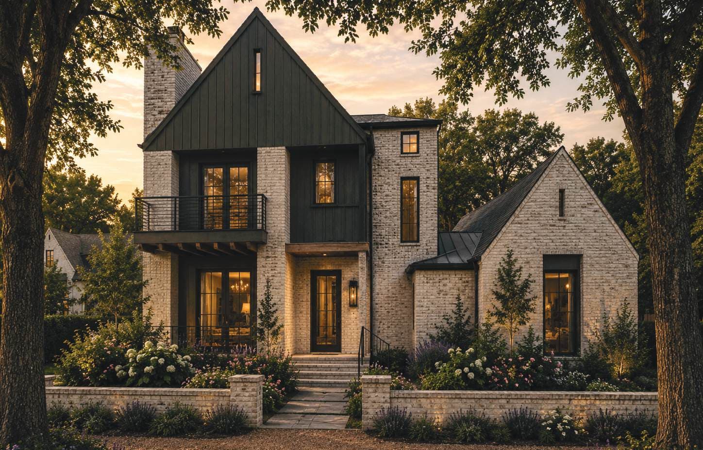 Dusk rendering of The Whispering Pine at The Preserve at Summit Farms — light brick and dark vertical siding with a covered balcony, windows glowing