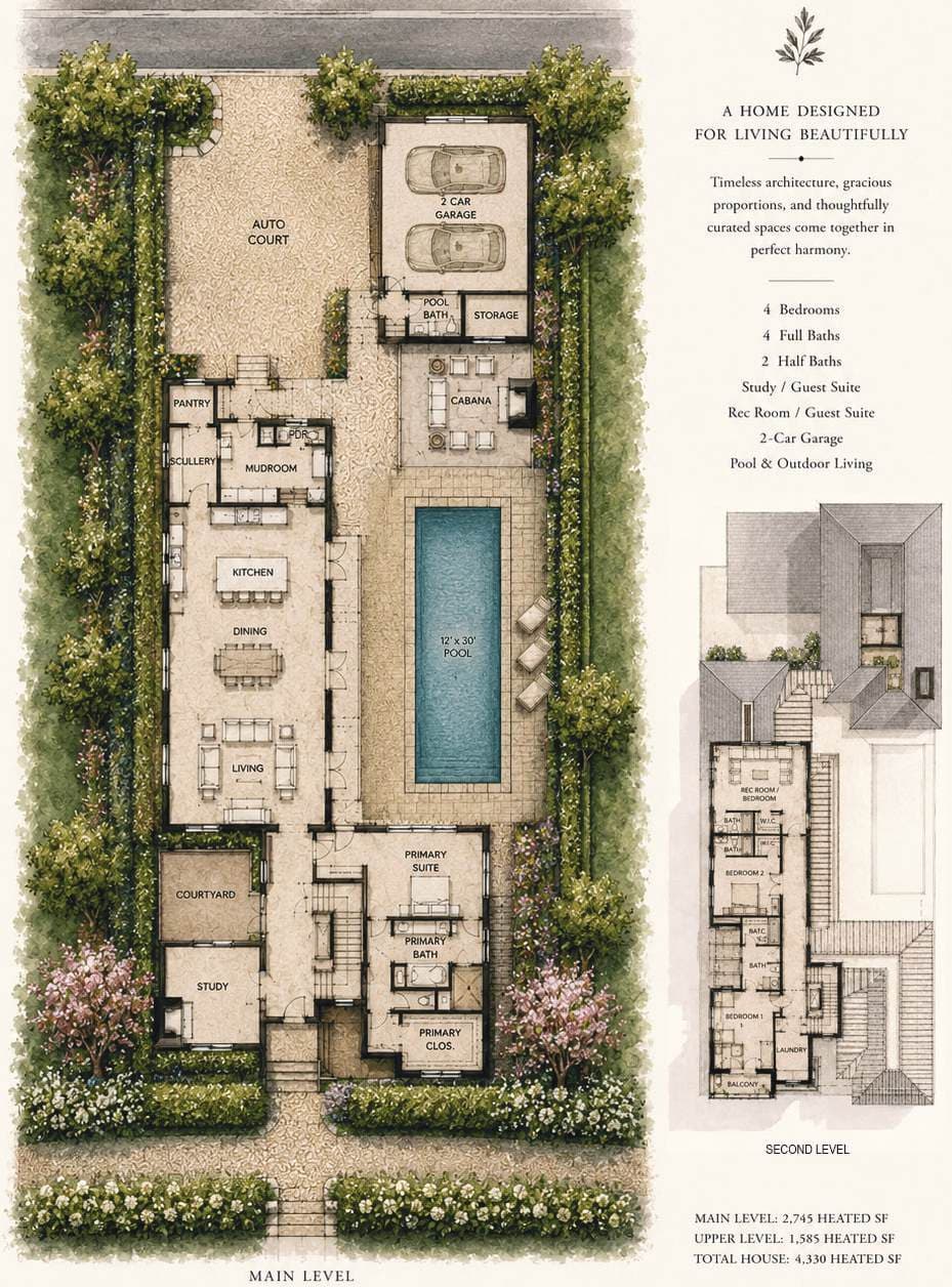 Watercolor plan board for Whispering Pine and Mythic Moon — main level with kitchen, scullery, mudroom, courtyard pool and cabana; upper level of bedrooms; 4,330 heated square feet
