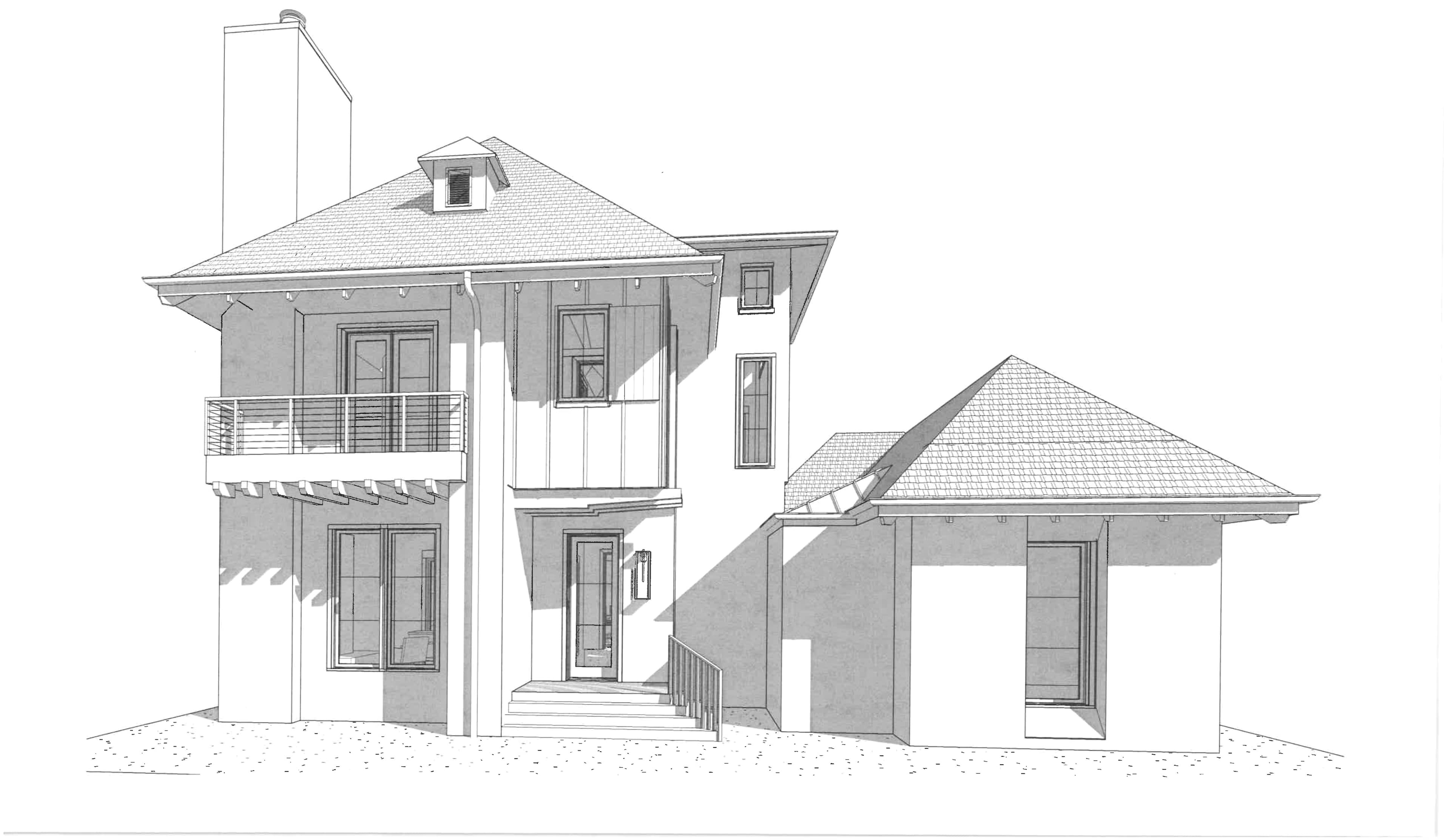 Front (farm-facing) elevation of Plan One, style one, by Bryan Mermans — hipped roof, covered balcony, side cabana