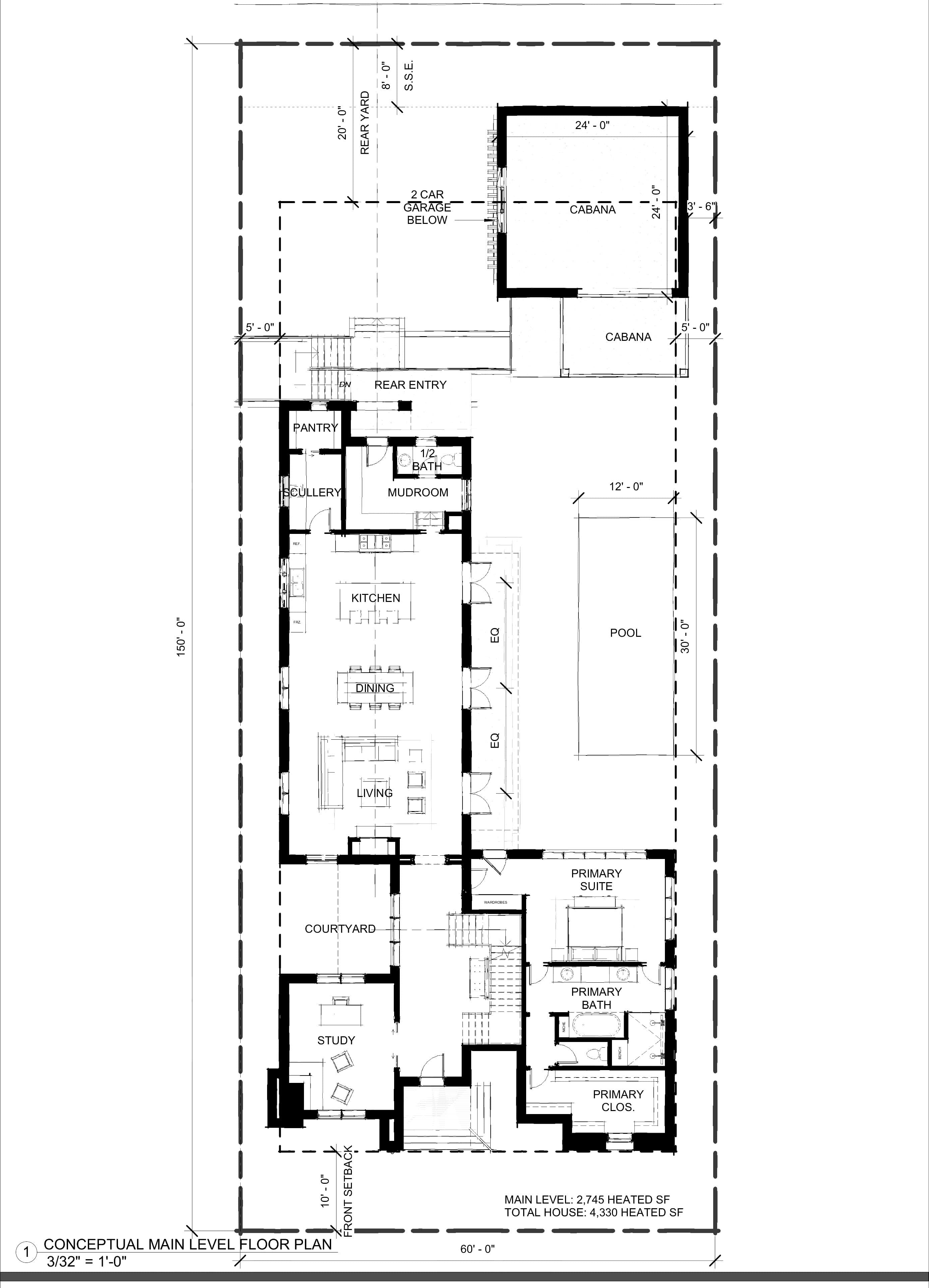 Main-level floor plan of Plan One — kitchen, scullery, dining, living, courtyard, primary suite, pool and cabana