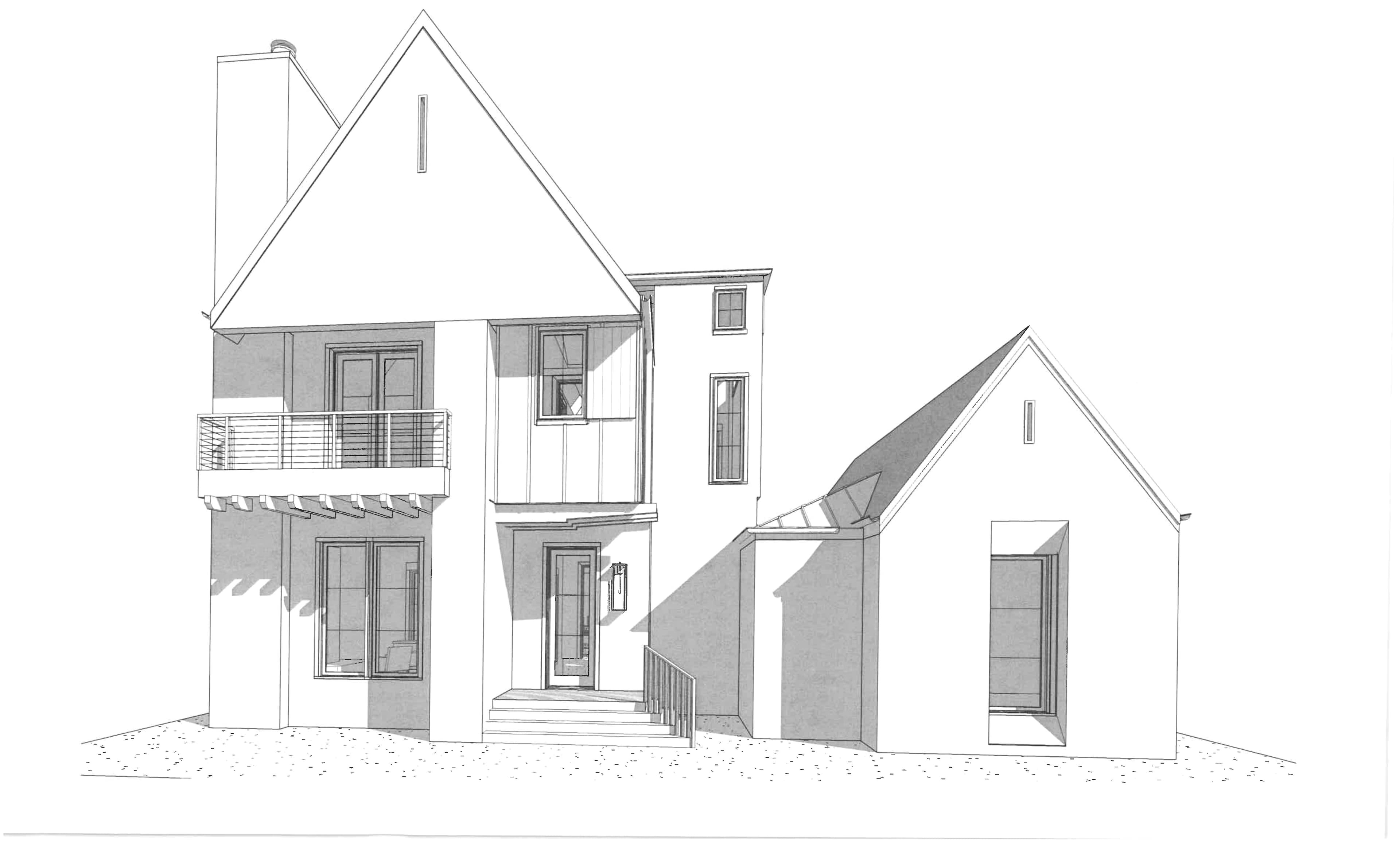 Front (farm-facing) elevation of Plan One, style two, by Bryan Mermans — gabled and hipped massing with a chimney