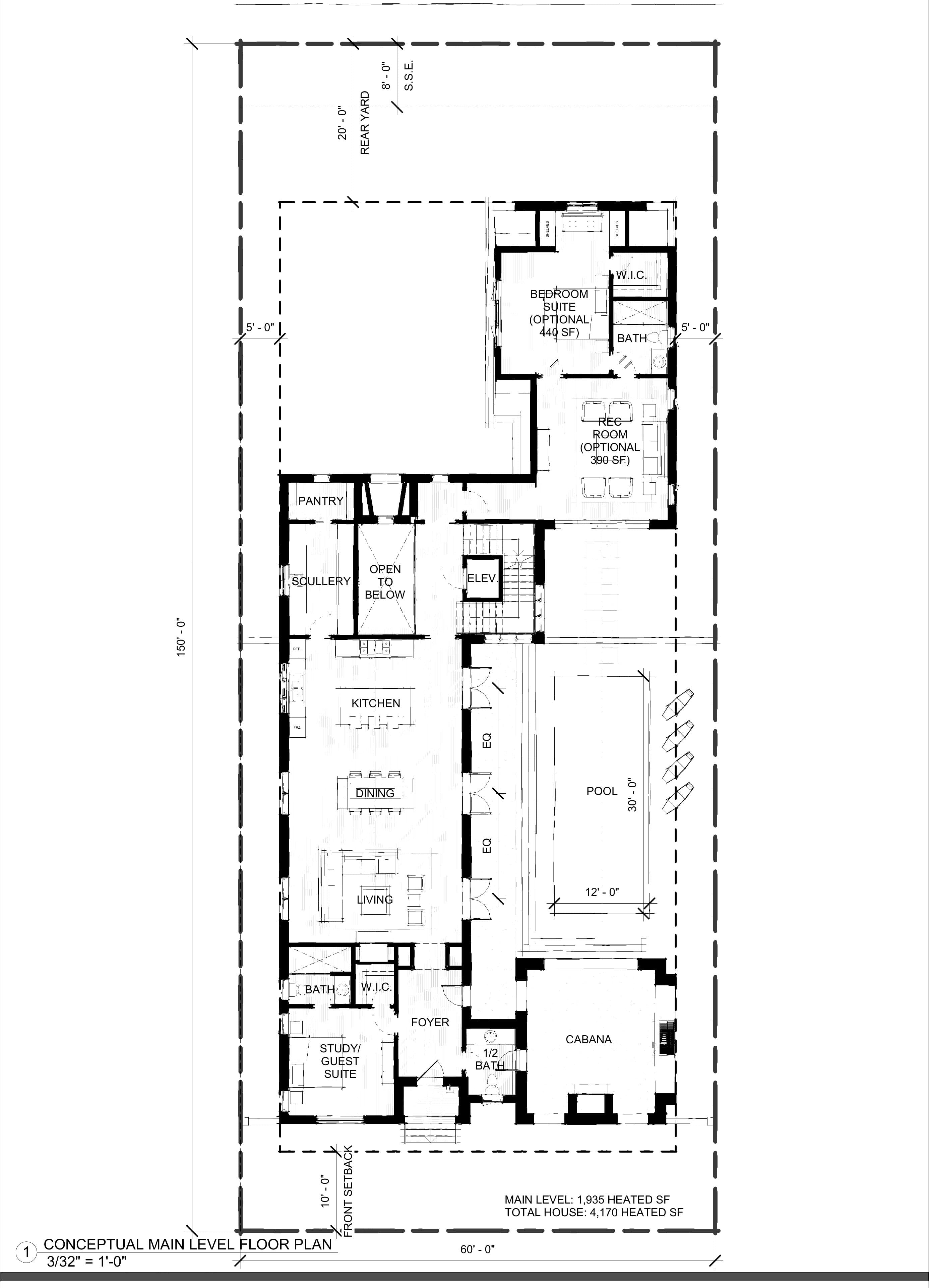 Main-level floor plan of Plan Two — kitchen, scullery, dining, living, pool and cabana, study/guest suite, with optional rec room and bedroom suite