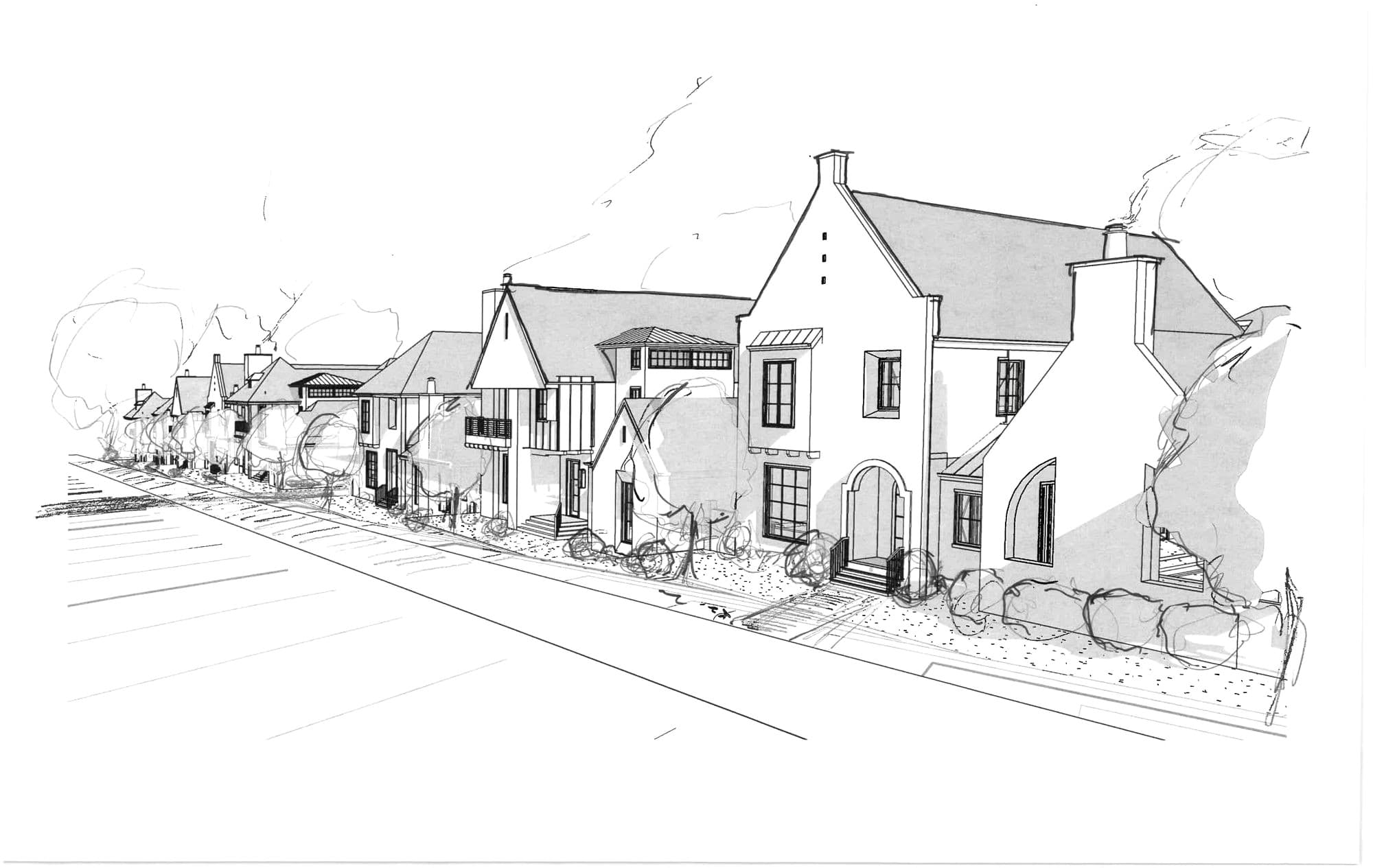 Architect Bryan Mermans's perspective sketch of the streetscape at The Preserve at Summit Farms — a row of modern-farmhouse homes along a tree-lined street