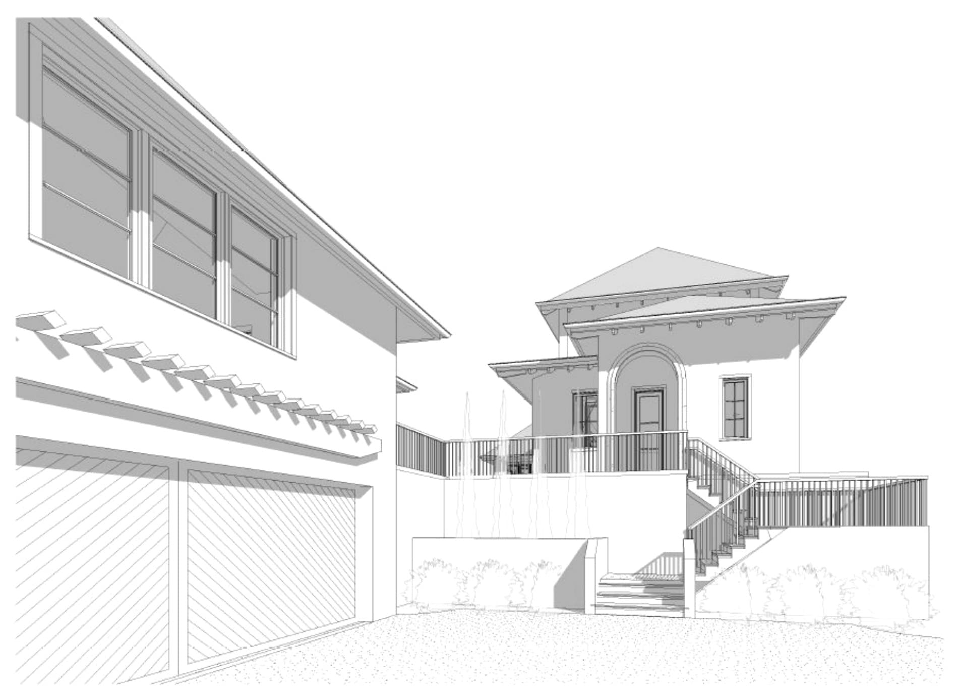Rear / alley view of Plan One by Bryan Mermans — the two-car garage and a stair up to the raised main-level entry