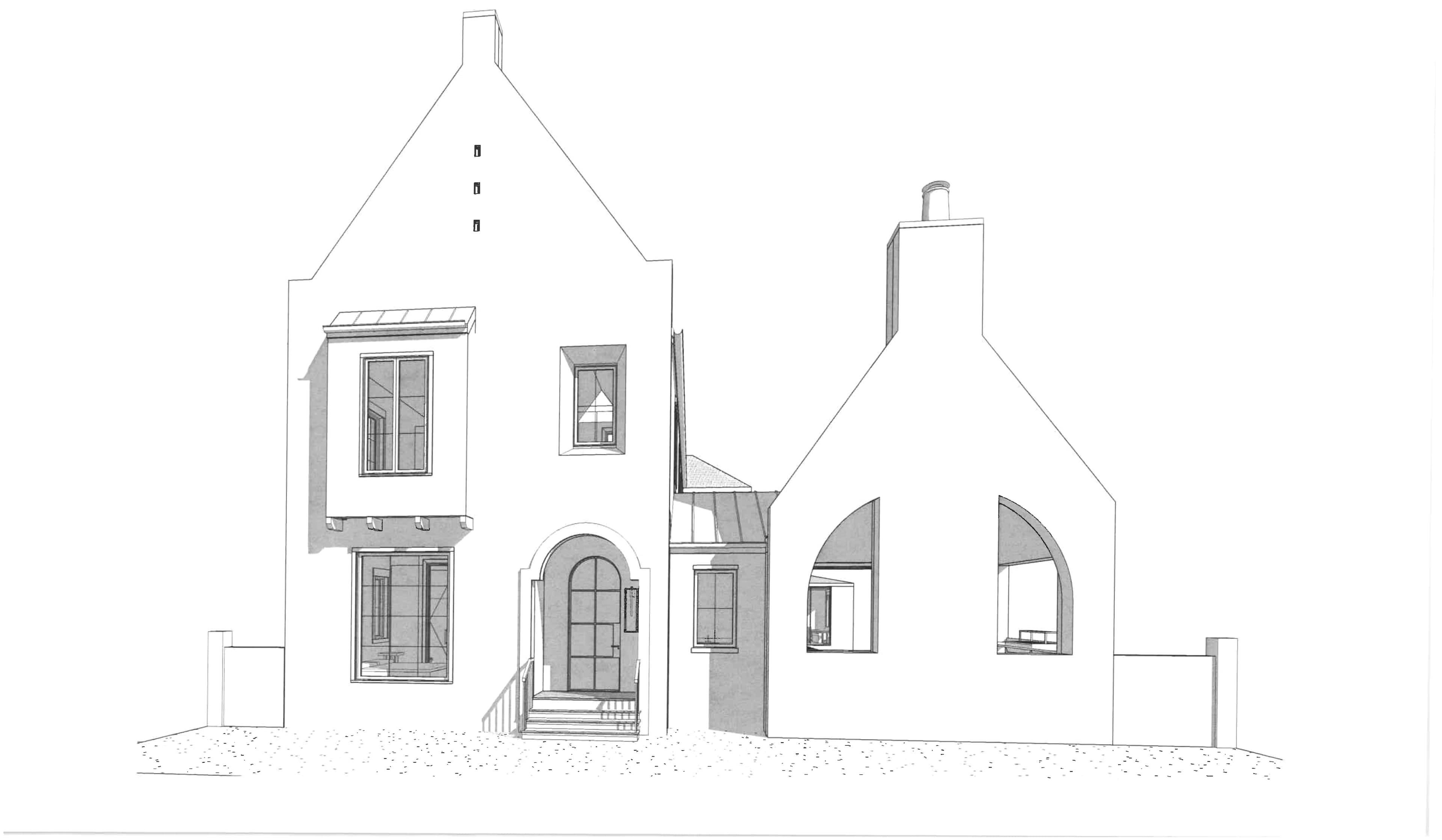 Bryan Mermans front-elevation concept for a Royal Building Group home at The Preserve at Summit Farms — steep gable end, arched entry, tall chimney