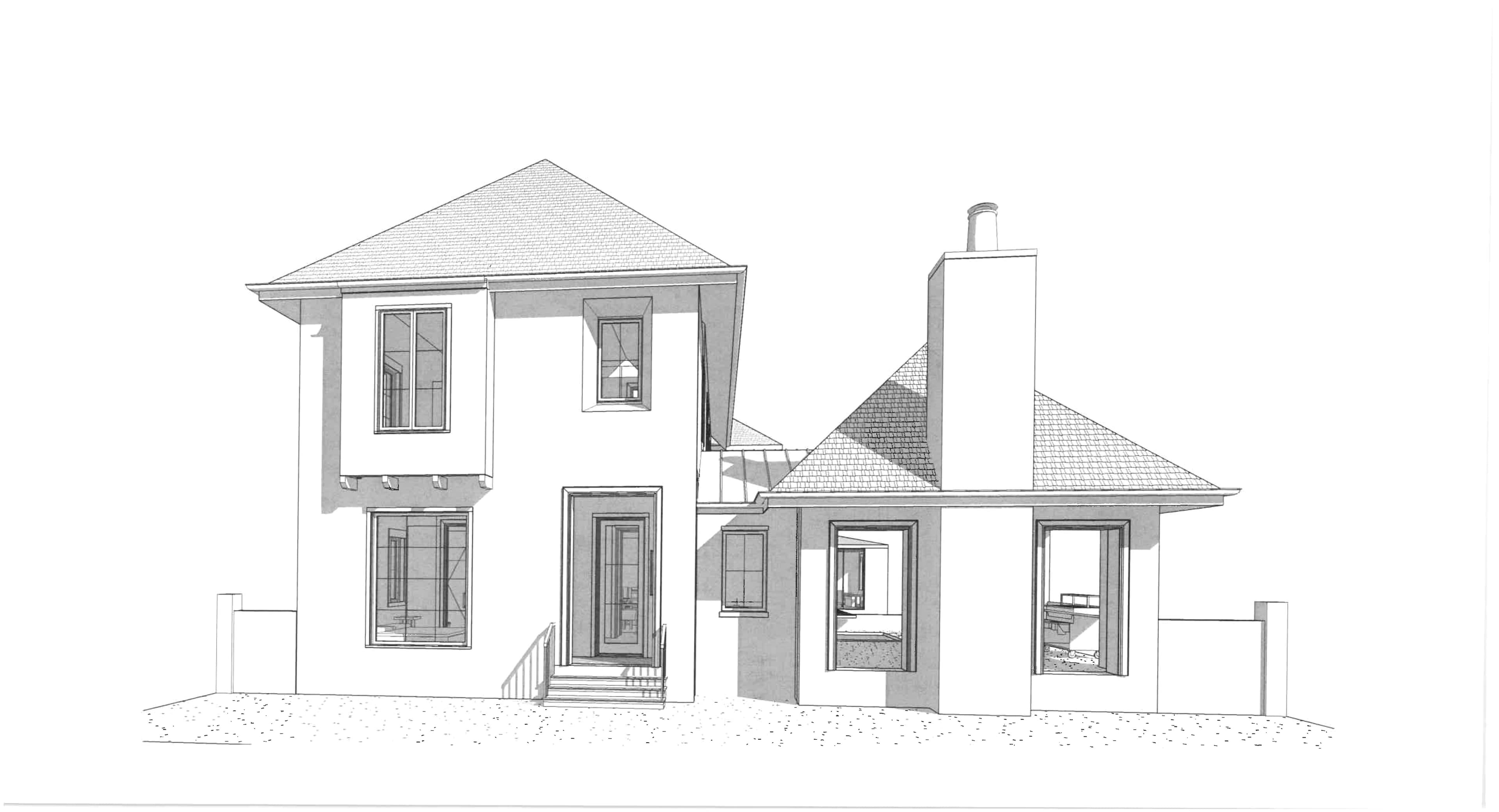 Front (farm-facing) elevation of Plan Two, style two, by Bryan Mermans — hipped roof with a prominent chimney mass