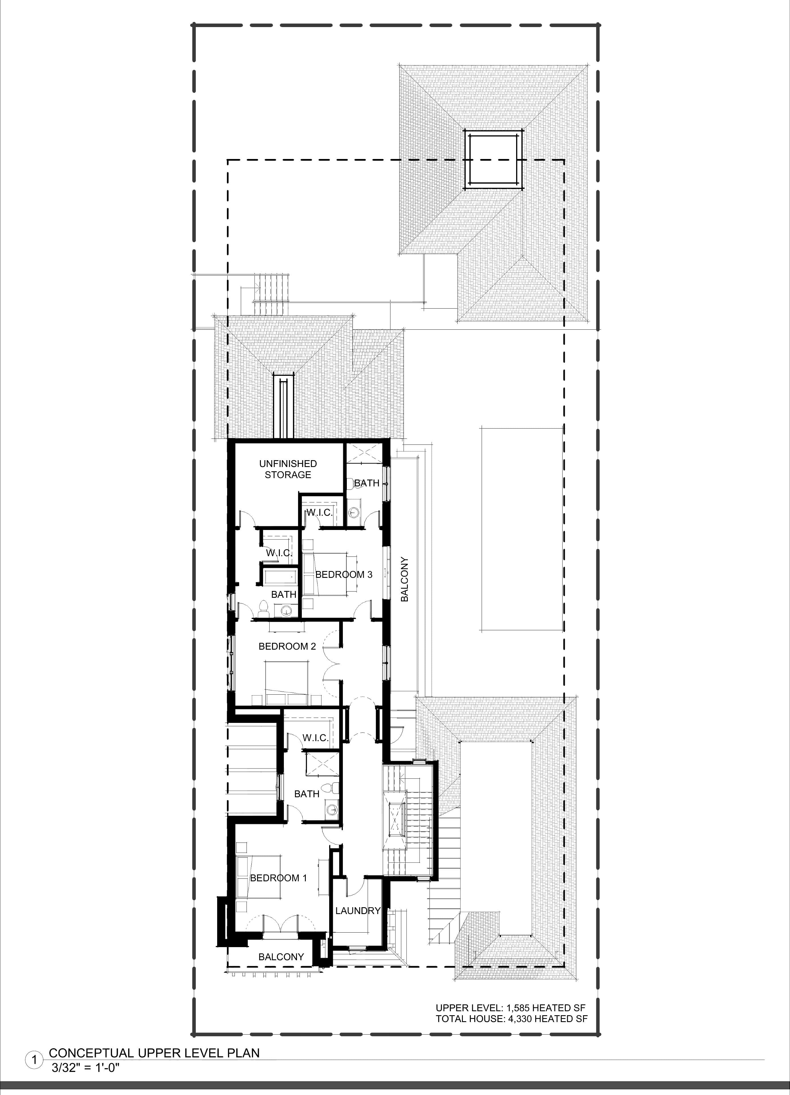 Upper-level floor plan of Plan One — three bedrooms, baths, balcony, and unfinished storage