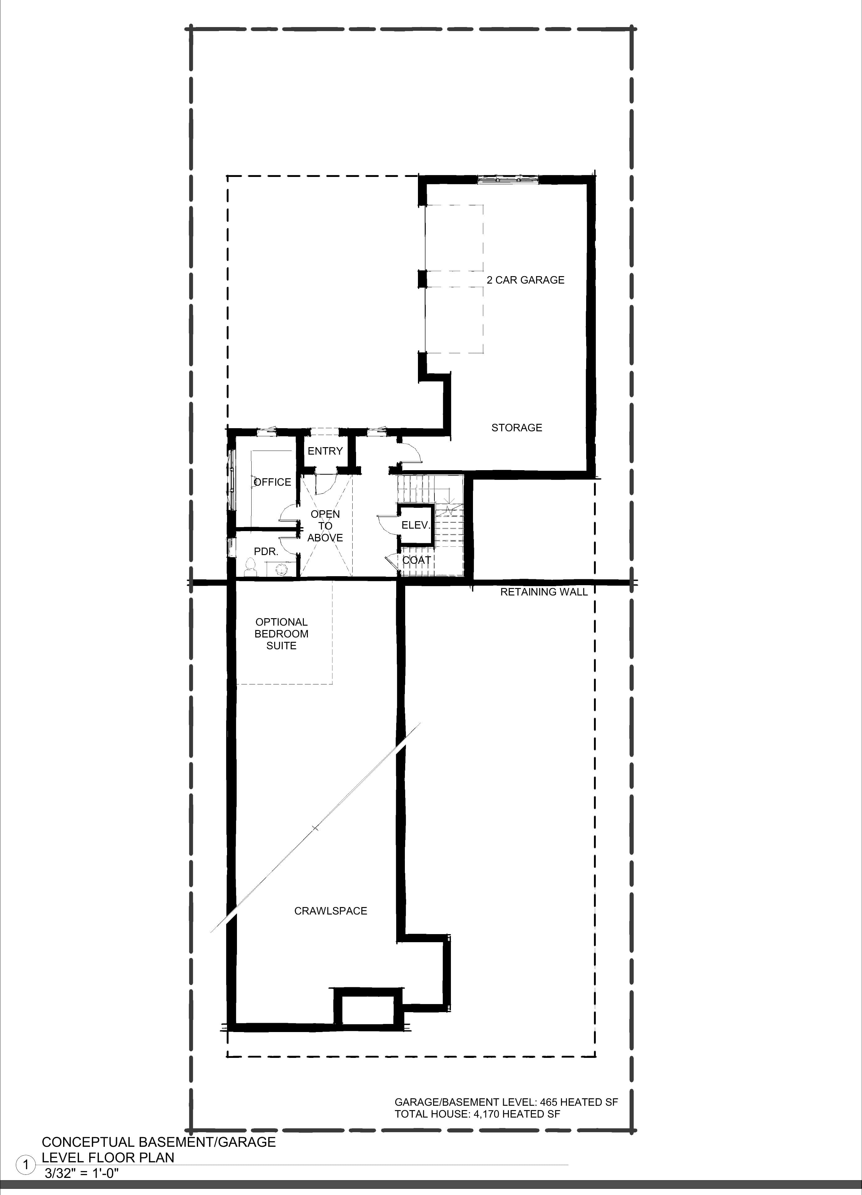 Lower-level floor plan of Plan Two — two-car garage, storage, office, elevator, and an optional bedroom suite