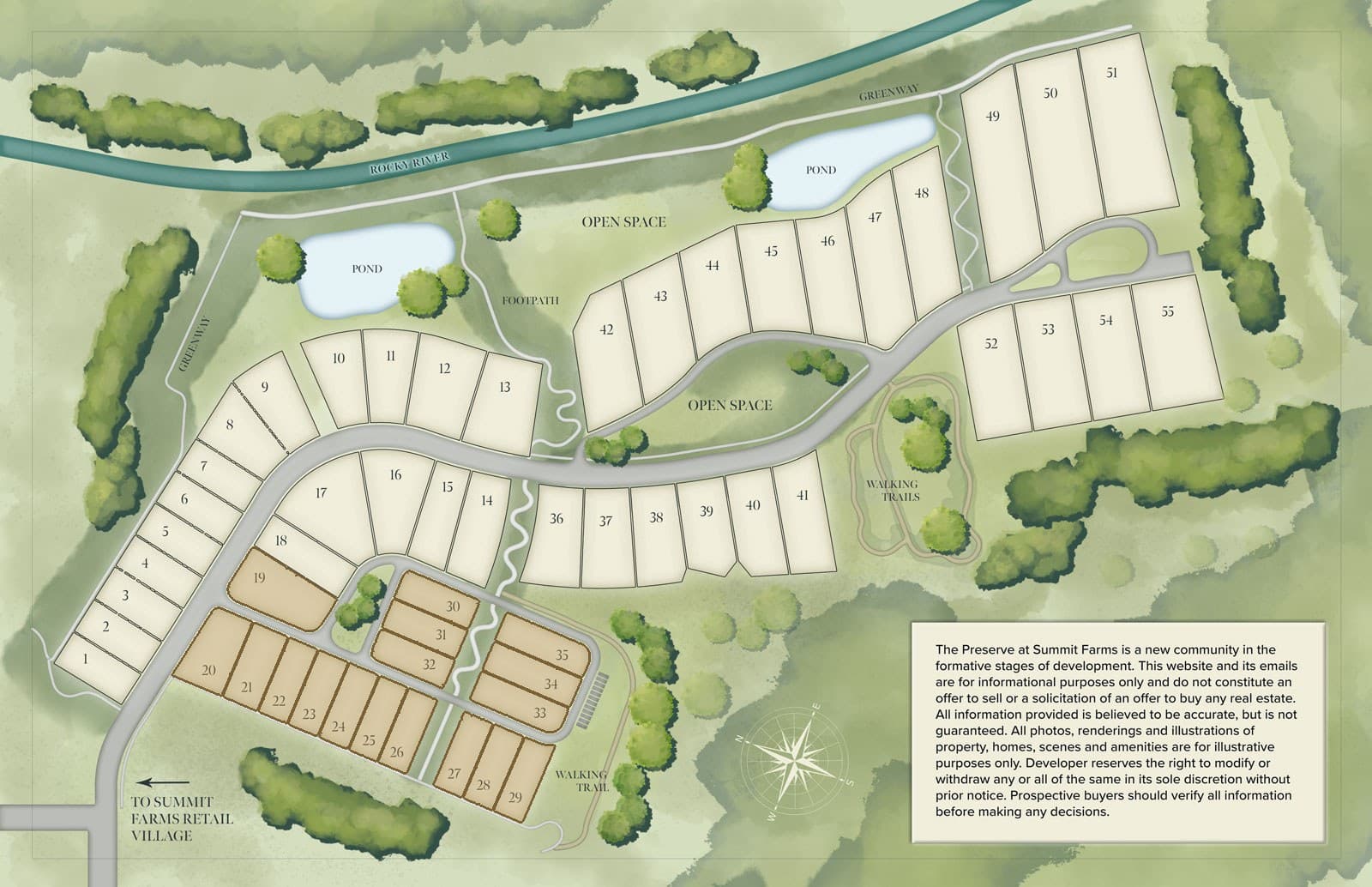 Illustrated site plan of The Preserve at Summit Farms in Davidson, NC, with Royal Building Group's 17 exclusive homesites — Lots 19 through 35 — washed in gold