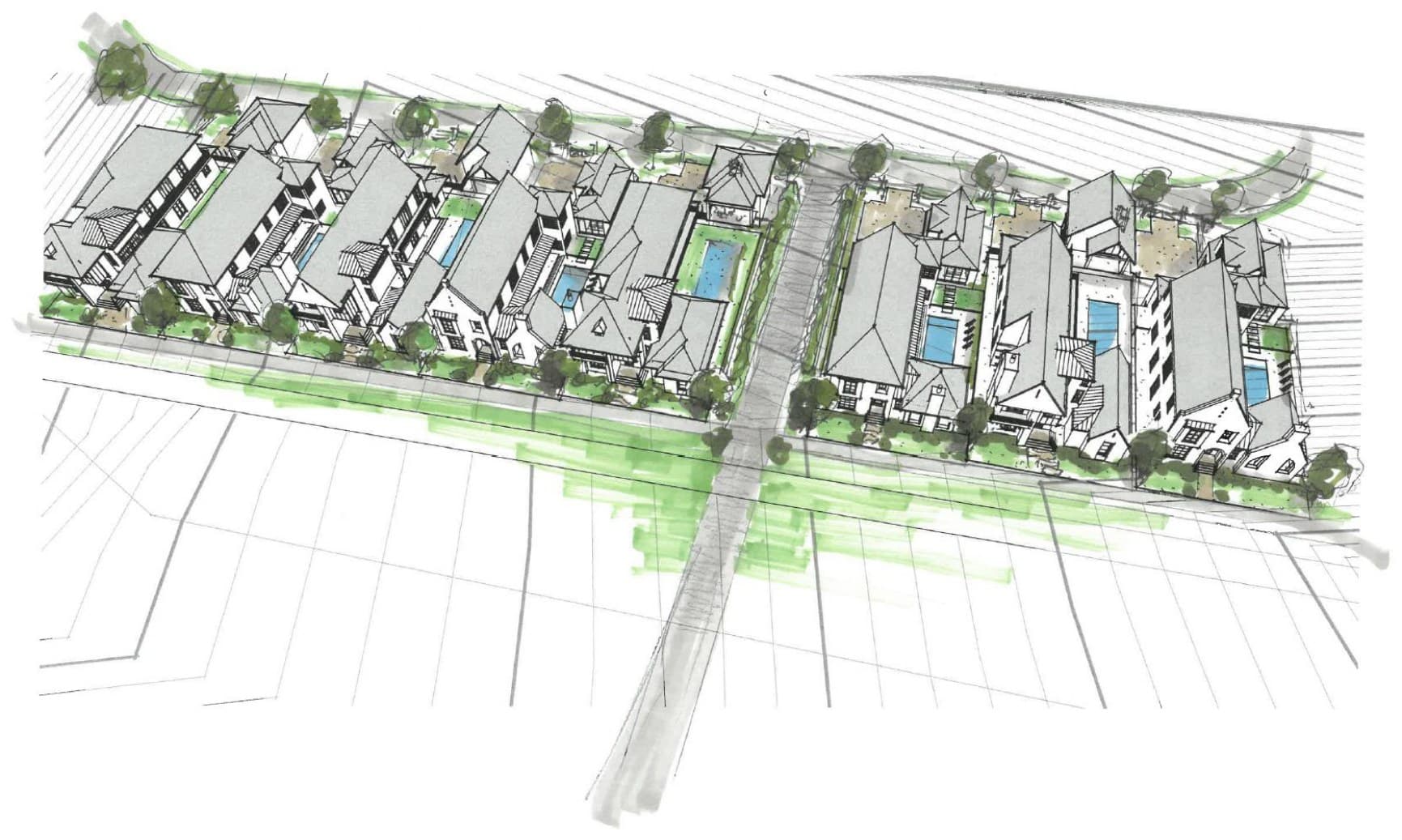Watercolor aerial of Royal Building Group's two homesite blocks at The Preserve at Summit Farms — homes massed along the streets with rear-alley access, by Bryan Mermans