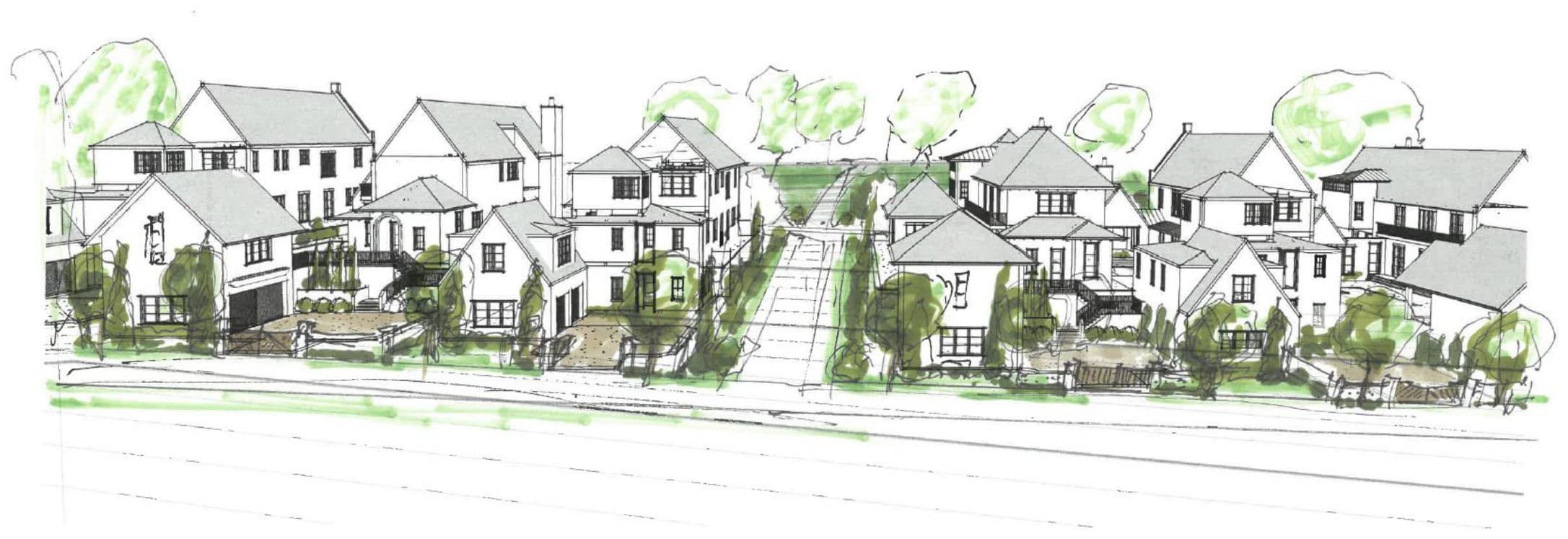Watercolor streetscape of The Preserve at Summit Farms by Bryan Mermans — a row of homes along a tree-lined lane